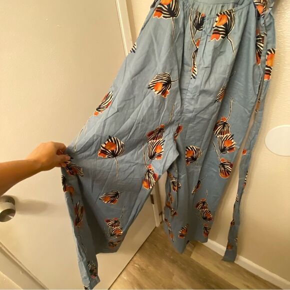 Anthropologie Bel Kazan Blue Floral Evie wide leg jumpsuit l organic cotton L - Picture 9 of 16
